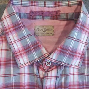 TOMMY BAHAMA Shirt Large Button Up Pink Plaid Long Sleeve Spring Easter Western